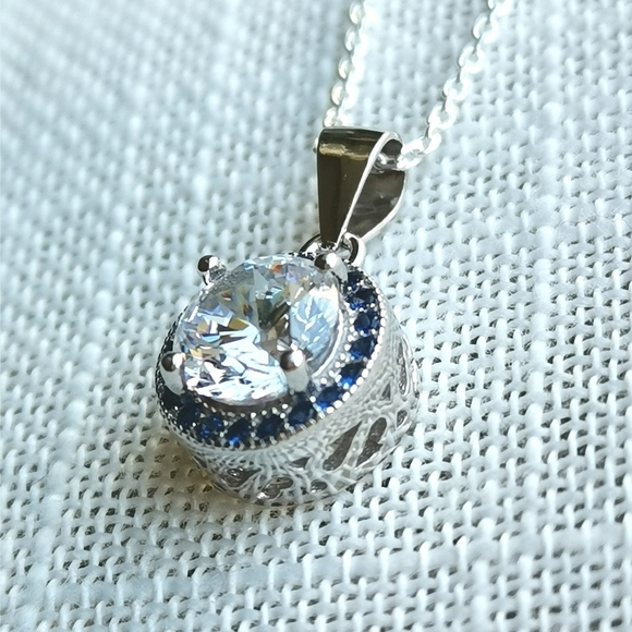 Sterling Silver CZ sapphire gemstone pendant necklace NEW - Picture 2 of 4
